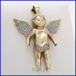 10k Gold Diamond Guardian Angel Wings Cherub Charm Pendant Large