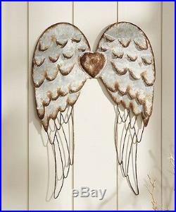 27.5 Metal Angel Wings Design Wall Decor w Silver Detailing-Copper Heart Accent