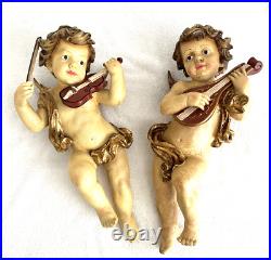 2 Figural Chalkware Cherub Angel Wings-Violin/Mandelin Lg 19 Wall Art-Antiqued