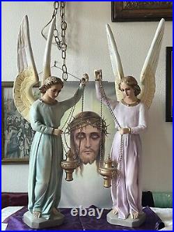 2 Large Antique Angels w Wings Statues From Church Convent Heavy Plaster 27.5H
