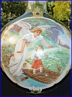 2 Pc Antique Victorian Bristol Glass Portrait Center Vases Angel & Child
