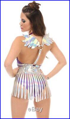 2 Piece Silver Holo Angel Wings Body Harness Corset Costume Rave Festival Dom