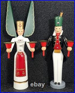 2pc German Wooden Christmas Candle Holders Handcrafted Angel & Miner Erzgebirge