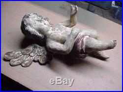 #362 Large Antique Carved Wood Winged Angel Polychrome Gesso Glass Eyes