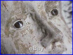 #362 Large Antique Carved Wood Winged Angel Polychrome Gesso Glass Eyes