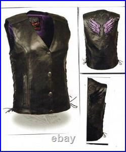 4505 Ladies Black or Purple Wing Leather Motorycle Vest