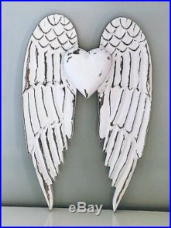 45cm Large Rustic White Wooden Angel Wings Heart Wall Hanging Home Decoration