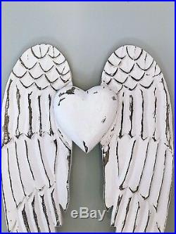 45cm Large Rustic White Wooden Angel Wings Heart Wall Hanging Home Decoration