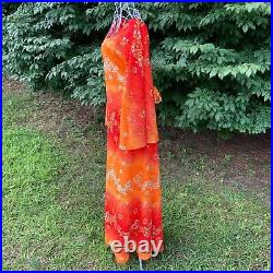 70s vintage maxi dress M-L psychedelic orange floral beige white angel wing