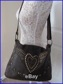 $795.00 Leatherock Brown Leather Studded Hearts Angels Wings Large Bag