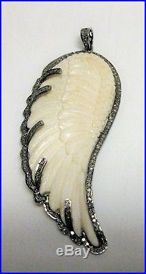 925 Sterling Silver Natural Diamond Large Carved Angel Wing Pendant