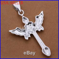 925 Sterling Silver Shiny Large Cross Angel Wing Shaped Pendant 52mm 32mm D503