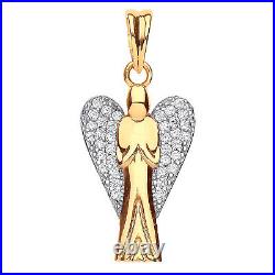 9ct Hallmarked Yellow Gold Large 37mm Angel Pendant With Pave Set Wings