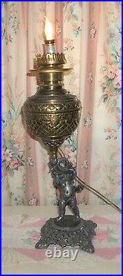 ANTIQUE Winged Cherub withsnake Banquet Parlor Oil Lamp Victorian electric