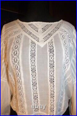 A. E. Goth Boho Dirndl White Cotton Lace Short Angel Wings Sleeves Blouse Top L