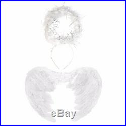 Adult Large Angel Fairy Halloween Princess Feather Wings & Glitter Halo White