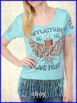 Affliction Love Machine AW4705 Angel Wings Fringe Womens Scoop T-Shirt Blue M-L