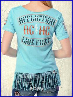 Affliction Love Machine AW4705 Angel Wings Fringe Womens Scoop T-Shirt Blue M-L