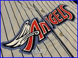 Anaheim Angels Disney Wing Gray Pinstripe Sewn MLB Jersey Vintage 90s Majestic L