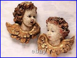 Angel Cherub Heads Pair Gold Wings Vintage Plaster Hanging Wall Large Antique