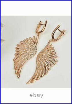 Angel Wings Large Drop Earrings Pink Rose Gold Sterling Silver White CZ Big