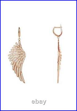 Angel Wings Large Drop Earrings Pink Rose Gold Sterling Silver White CZ Big