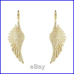 Angel Wings Large Drop Earrings Yellow Gold Sterling Silver CZ Big Dangle Bridal