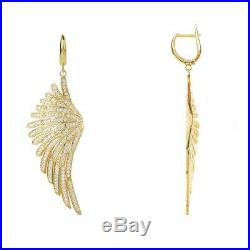 Angel Wings Large Drop Earrings Yellow Gold Sterling Silver CZ Big Dangle Bridal