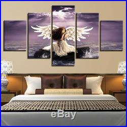 Angel Woman White Wings On Sea Rocks 5 Panel Canvas Print Wall Art Home Decor