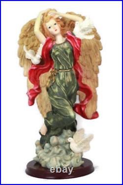 Angel with Wings Figurine Statue Green Pink with White Doves Birds 15.5