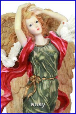 Angel with Wings Figurine Statue Green Pink with White Doves Birds 15.5