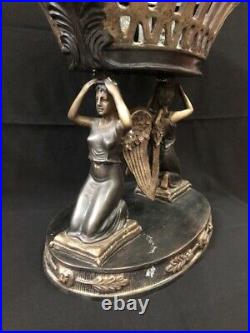 Antique Bronze Centerpiece Figural Lady Angles Winged Statue 4 Lion Heads Large