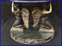 Antique Bronze Centerpiece Figural Lady Angles Winged Statue 4 Lion Heads Large