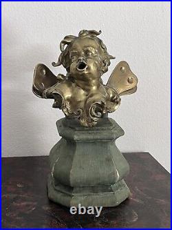 Antique Bronze Cherub With Wings LARGE Heavy Cast Statue On The Wood Pedestal