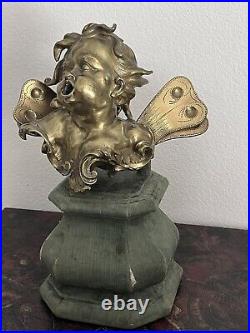 Antique Bronze Cherub With Wings LARGE Heavy Cast Statue On The Wood Pedestal