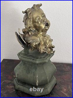 Antique Bronze Cherub With Wings LARGE Heavy Cast Statue On The Wood Pedestal