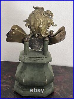 Antique Bronze Cherub With Wings LARGE Heavy Cast Statue On The Wood Pedestal