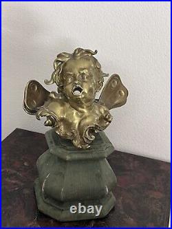 Antique Bronze Cherub With Wings LARGE Heavy Cast Statue On The Wood Pedestal