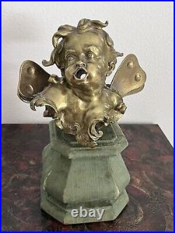 Antique Bronze Cherub With Wings LARGE Heavy Cast Statue On The Wood Pedestal