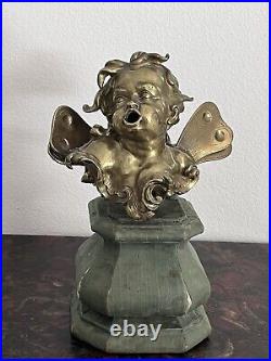 Antique Bronze Cherub With Wings LARGE Heavy Cast Statue On The Wood Pedestal