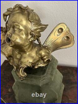 Antique Bronze Cherub With Wings LARGE Heavy Cast Statue On The Wood Pedestal