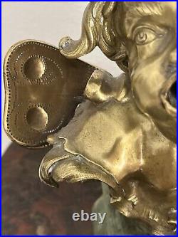 Antique Bronze Cherub With Wings LARGE Heavy Cast Statue On The Wood Pedestal