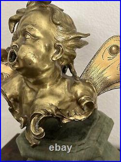 Antique Bronze Cherub With Wings LARGE Heavy Cast Statue On The Wood Pedestal