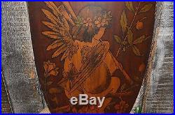 Antique German Large Wood Shield with Winged Cherub Angel and Horn