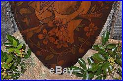 Antique German Large Wood Shield with Winged Cherub Angel and Horn