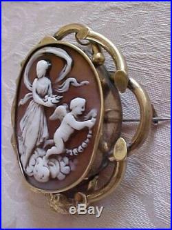Antique LARGE 2 5/8 HELMET Shell Cameo Brooch Goddess & Winged Angel Pinchbeck