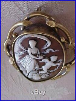 Antique LARGE 2 5/8 HELMET Shell Cameo Brooch Goddess & Winged Angel Pinchbeck