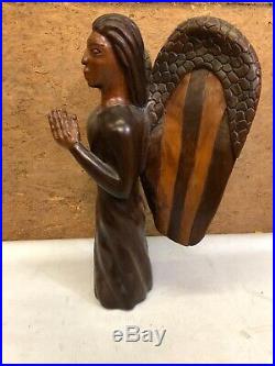 Antique Large Hand Carved Wood Angel Folk Art Open Wings Praying