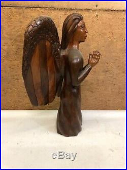 Antique Large Hand Carved Wood Angel Folk Art Open Wings Praying