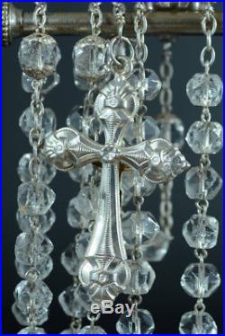 Antique Large rosary silver hand faceted cristal heart shaped angel wings cross